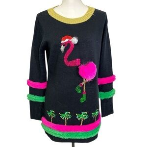 99 Jane Street UGLY CHRISTMAS Women Small Sweater Palm Trees Flamingo Sequins